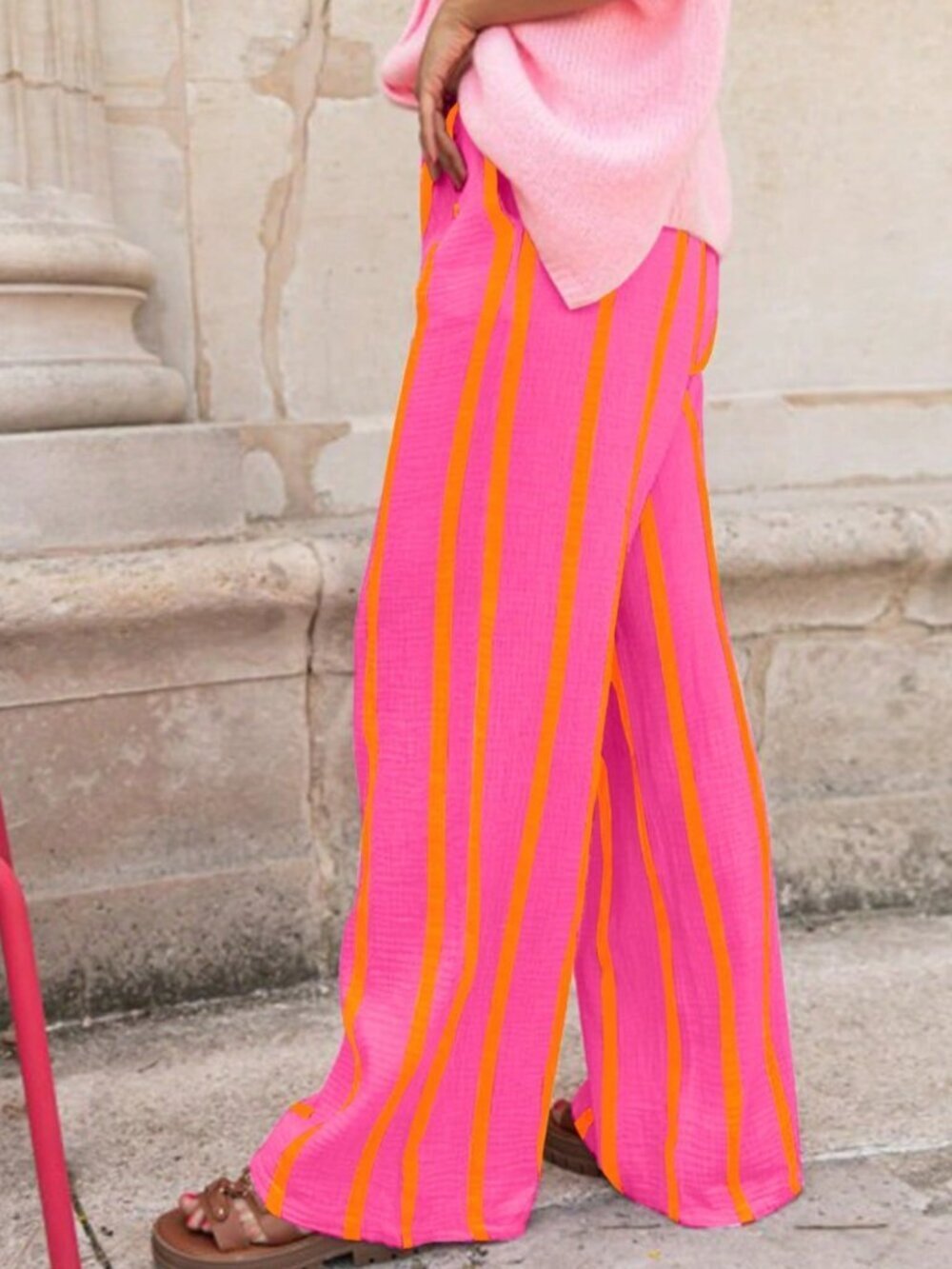 Casual Women's Polyester Striped Pants With Pocket - Picture 3 of 5
